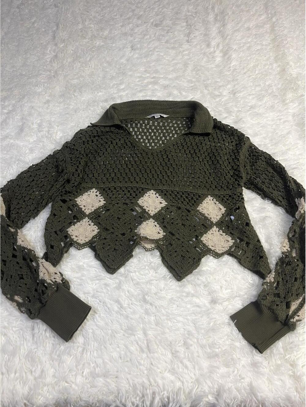 Davi & Dani Open Knit Crochet CROPPED Sweater in Olive